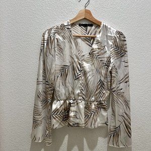 White House Black Market Satin White Fern Leaf Poplin V-Neck Blouse with Buttons